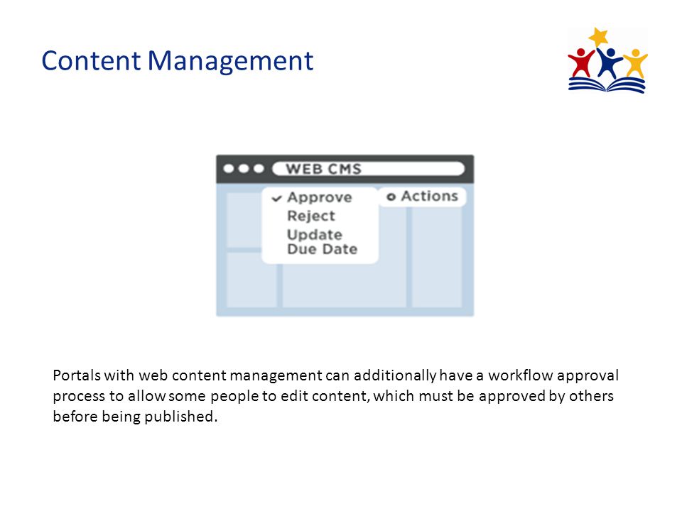 Content Management Portals with web content management can additionally have a workflow approval process to allow some people to edit content, which must be approved by others before being published.