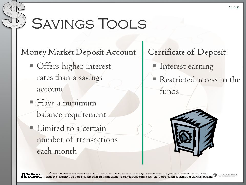 © Family Economics & Financial Education – October 2010 – The Essentials to Take Charge of Your Finances – Depository Institution Essentials – Slide 11 Funded by a grant from Take Charge America, Inc.