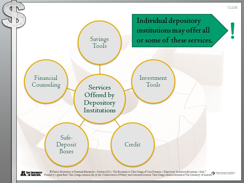 © Family Economics & Financial Education – October 2010 – The Essentials to Take Charge of Your Finances – Depository Institution Essentials – Slide 7 Funded by a grant from Take Charge America, Inc.