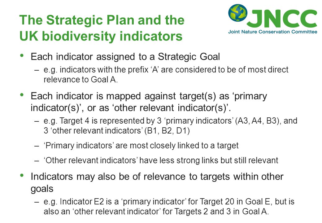 The Strategic Plan and the UK biodiversity indicators Each indicator assigned to a Strategic Goal –e.g.