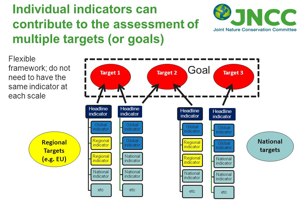 Individual indicators can contribute to the assessment of multiple targets (or goals) Target 1 Target 2Target 3 Regional Targets (e.g.
