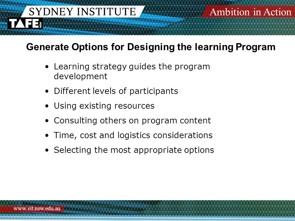 Ambition in Action   Generate Options for Designing the learning Program Learning strategy guides the program development Different levels of participants Using existing resources Consulting others on program content Time, cost and logistics considerations Selecting the most appropriate options