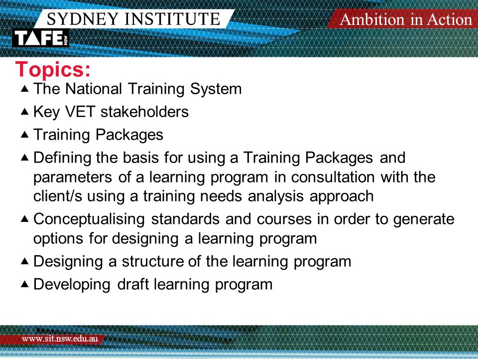 Ambition in Action   Topics:  The National Training System  Key VET stakeholders  Training Packages  Defining the basis for using a Training Packages and parameters of a learning program in consultation with the client/s using a training needs analysis approach  Conceptualising standards and courses in order to generate options for designing a learning program  Designing a structure of the learning program  Developing draft learning program