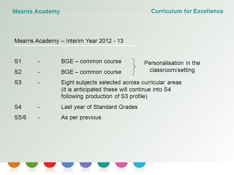 Curriculum for Excellence Mearns Academy Mearns Academy – Interim Year S1-BGE – common course S2-BGE – common course S3 - Eight subjects selected across curricular areas (it is anticipated these will continue into S4 following production of S3 profile) S4-Last year of Standard Grades S5/6-As per previous Personalisation in the classroom/setting