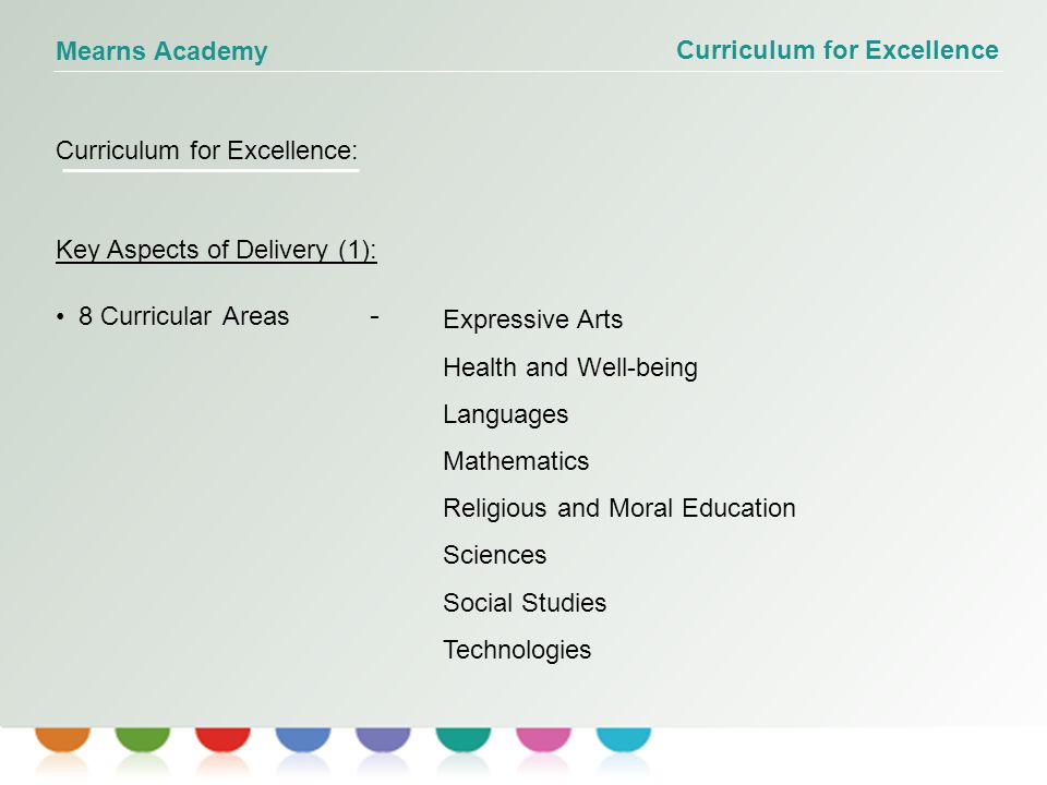 Curriculum for Excellence Mearns Academy Curriculum for Excellence: Key Aspects of Delivery (1): 8 Curricular Areas - Expressive Arts Health and Well-being Languages Mathematics Religious and Moral Education Sciences Social Studies Technologies
