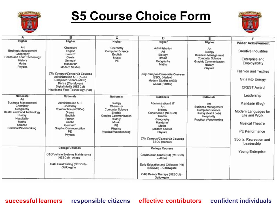 successful learners responsible citizens effective contributors confident individuals S5 Course Choice Form
