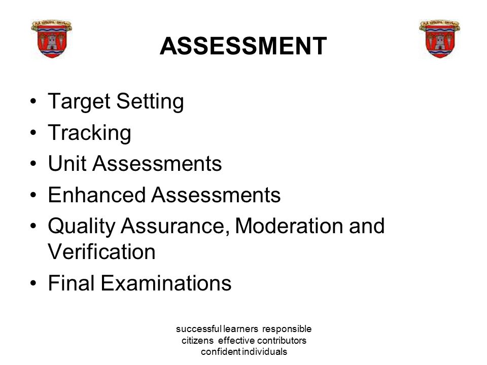 ASSESSMENT Target Setting Tracking Unit Assessments Enhanced Assessments Quality Assurance, Moderation and Verification Final Examinations successful learners responsible citizens effective contributors confident individuals