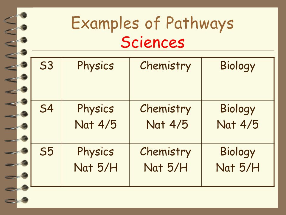 Examples of Pathways Sciences S3PhysicsChemistryBiology S4Physics Nat 4/5 Chemistry Nat 4/5 Biology Nat 4/5 S5Physics Nat 5/H Chemistry Nat 5/H Biology Nat 5/H