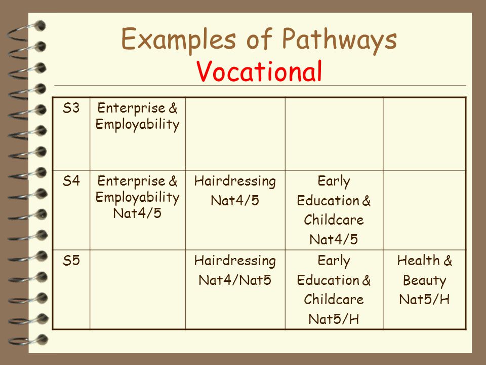 Examples of Pathways Vocational S3Enterprise & Employability S4Enterprise & Employability Nat4/5 Hairdressing Nat4/5 Early Education & Childcare Nat4/5 S5Hairdressing Nat4/Nat5 Early Education & Childcare Nat5/H Health & Beauty Nat5/H
