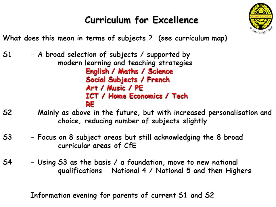 Curriculum for Excellence What does this mean in terms of subjects .