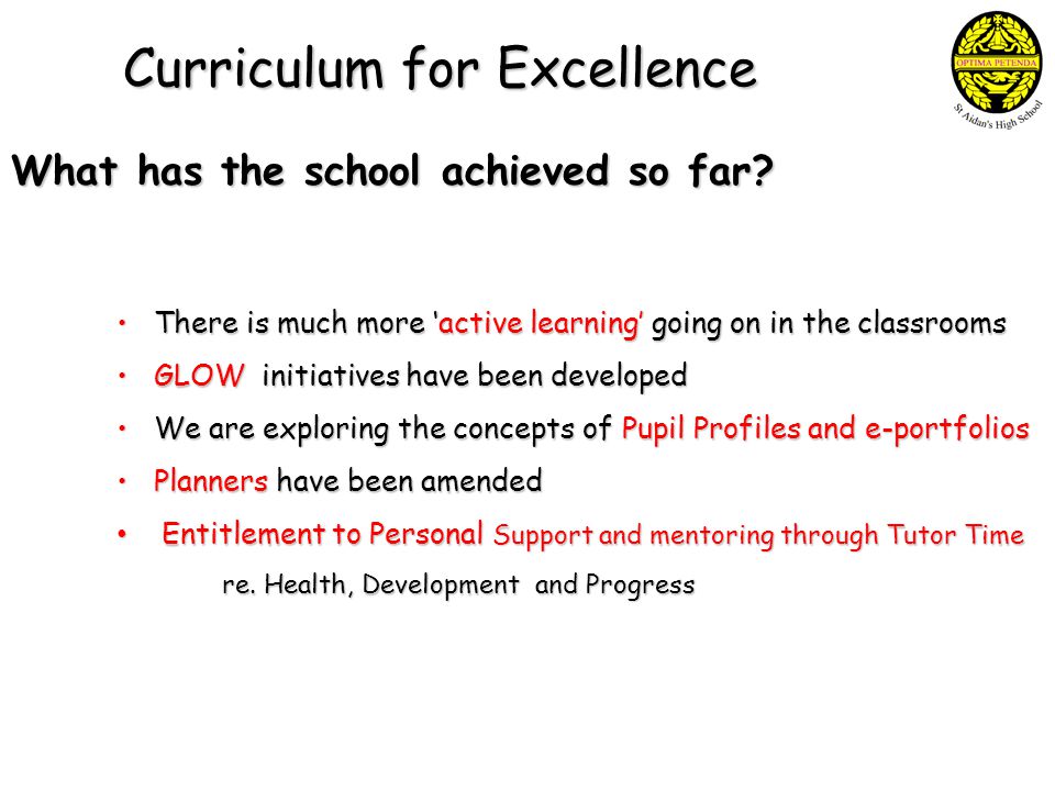 Curriculum for Excellence What has the school achieved so far.