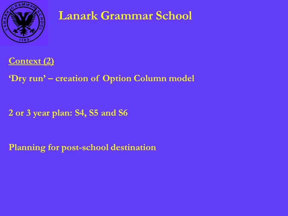 Lanark Grammar School Context (2) ‘Dry run’ – creation of Option Column model 2 or 3 year plan: S4, S5 and S6 Planning for post-school destination