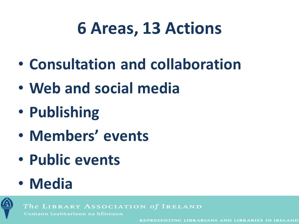 6 Areas, 13 Actions Consultation and collaboration Web and social media Publishing Members’ events Public events Media