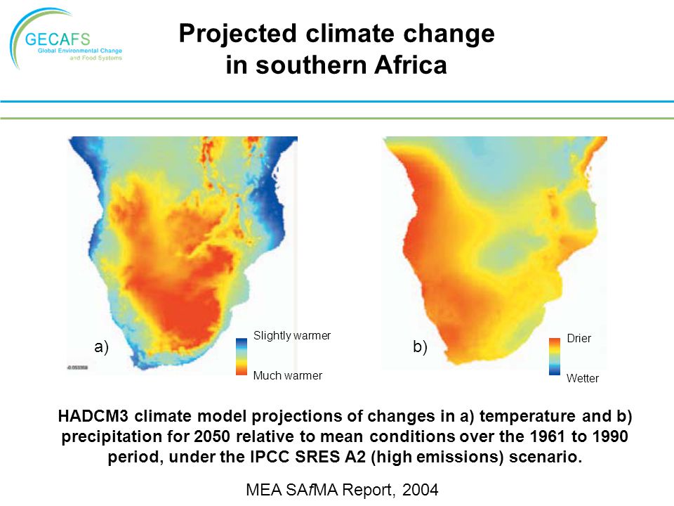 HADCM3 climate model projections of changes in a) temperature and b) precipitation for 2050 relative to mean conditions over the 1961 to 1990 period, under the IPCC SRES A2 (high emissions) scenario.