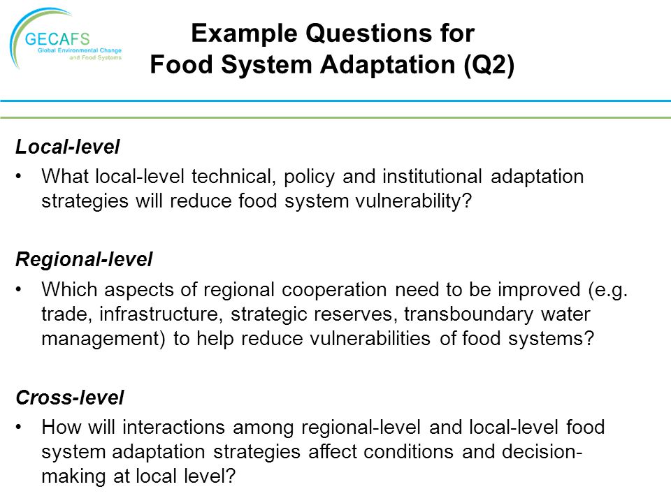 Local-level What local-level technical, policy and institutional adaptation strategies will reduce food system vulnerability.