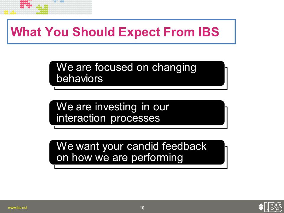 What You Should Expect From IBS We are focused on changing behaviors We are investing in our interaction processes We want your candid feedback on how we are performing