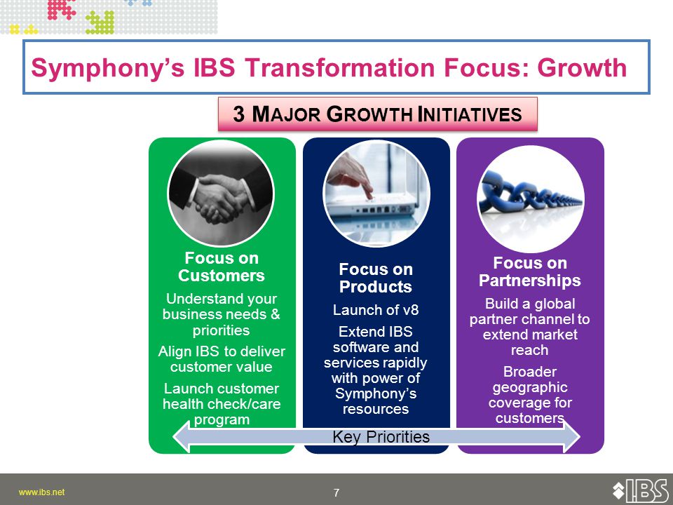 7 7 Symphony’s IBS Transformation Focus: Growth 3 M AJOR G ROWTH I NITIATIVES Focus on Customers Understand your business needs & priorities Align IBS to deliver customer value Launch customer health check/care program Focus on Products Launch of v8 Extend IBS software and services rapidly with power of Symphony’s resources Focus on Partnerships Build a global partner channel to extend market reach Broader geographic coverage for customers Key Priorities