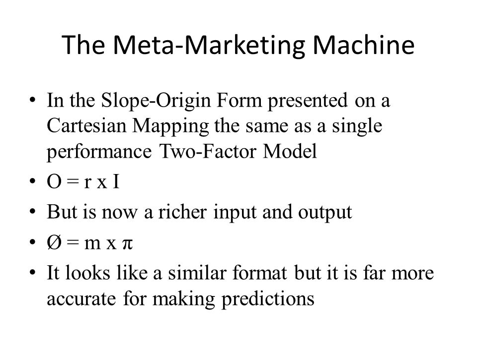 The Meta-Marketing Machine In the Slope-Origin Form presented on a Cartesian Mapping the same as a single performance Two-Factor Model O = r x I But is now a richer input and output Ø = m x π It looks like a similar format but it is far more accurate for making predictions