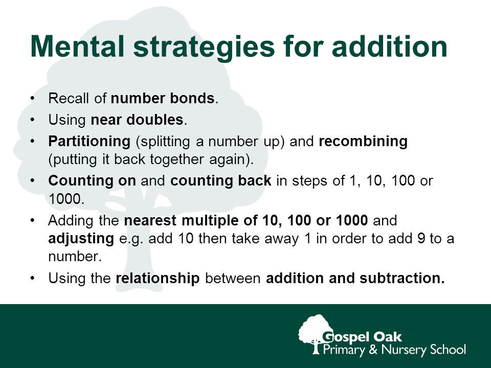 Mental strategies for addition Recall of number bonds.