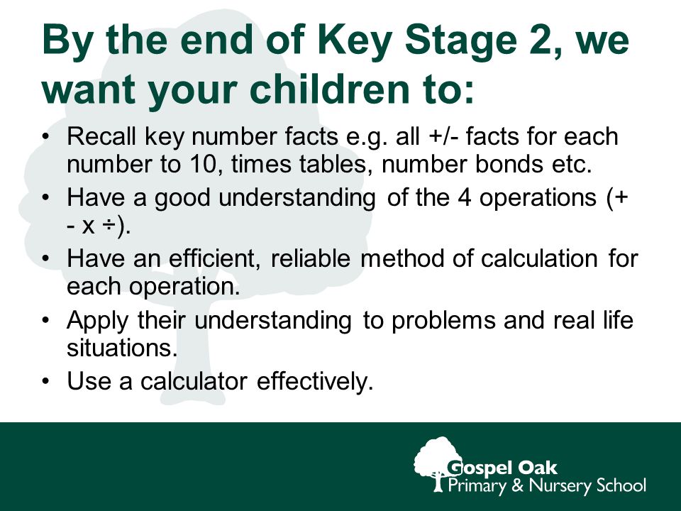 By the end of Key Stage 2, we want your children to: Recall key number facts e.g.