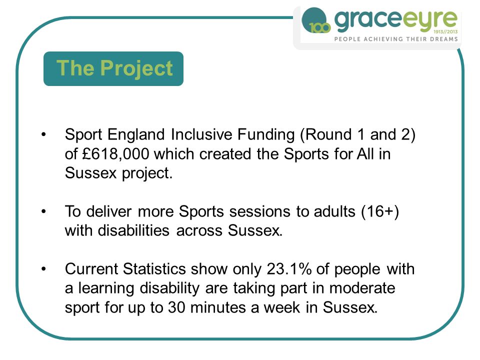 The Project Sport England Inclusive Funding (Round 1 and 2) of £618,000 which created the Sports for All in Sussex project.