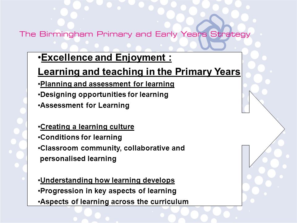 Excellence and Enjoyment : Learning and teaching in the Primary Years Planning and assessment for learning Designing opportunities for learning Assessment for Learning Creating a learning culture Conditions for learning Classroom community, collaborative and personalised learning Understanding how learning develops Progression in key aspects of learning Aspects of learning across the curriculum