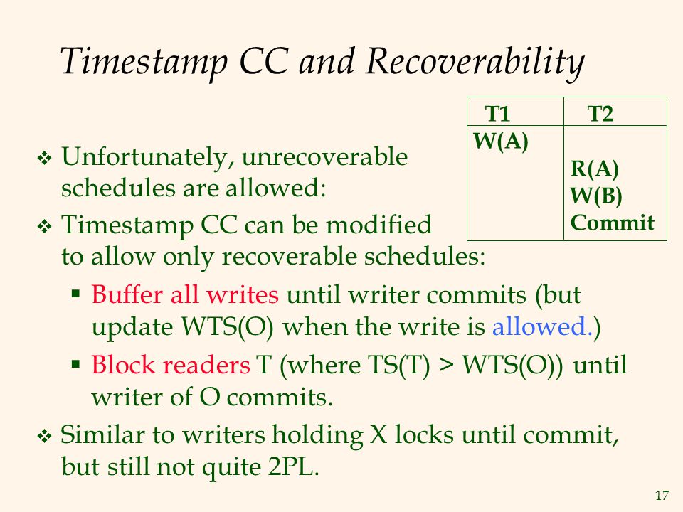 17 Timestamp CC and Recoverability  Timestamp CC can be modified to allow only recoverable schedules:  Buffer all writes until writer commits (but update WTS(O) when the write is allowed.)  Block readers T (where TS(T) > WTS(O)) until writer of O commits.