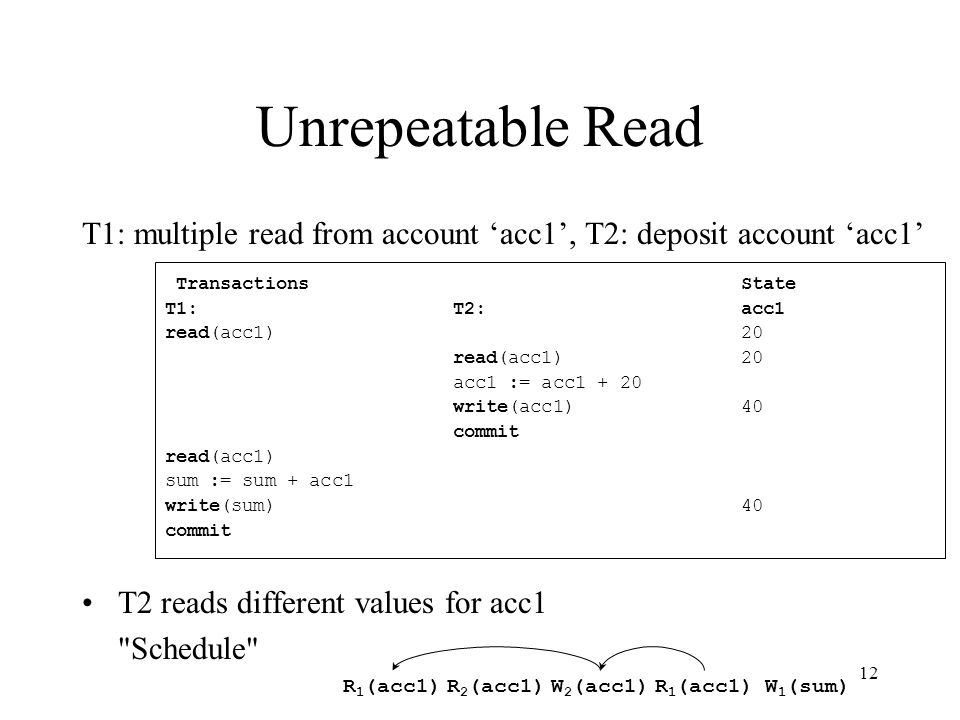 12 Unrepeatable Read T1: multiple read from account ‘acc1’, T2: deposit account ‘acc1’ T2 reads different values for acc1 Schedule Transactions State T1:T2:acc1 read(acc1)20 acc1 := acc write(acc1)40 commit read(acc1) sum := sum + acc1 write(sum)40 commit R 1 (acc1)W 2 (acc1)R 1 (acc1)R 2 (acc1)W 1 (sum)