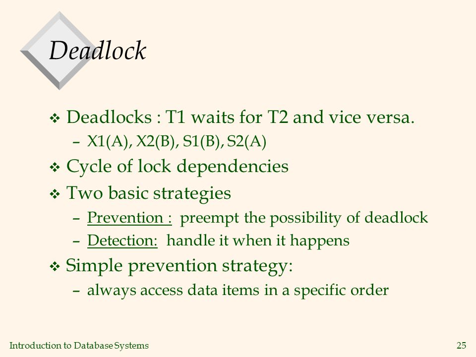 Introduction to Database Systems25 Deadlock v Deadlocks : T1 waits for T2 and vice versa.