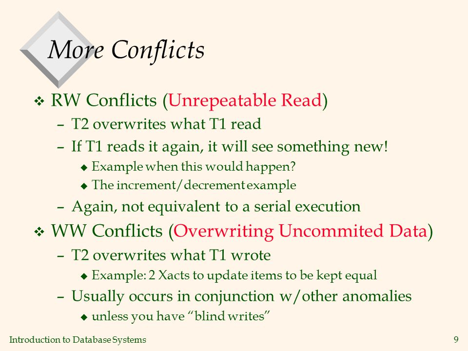Introduction to Database Systems9 More Conflicts v RW Conflicts (Unrepeatable Read) –T2 overwrites what T1 read –If T1 reads it again, it will see something new.