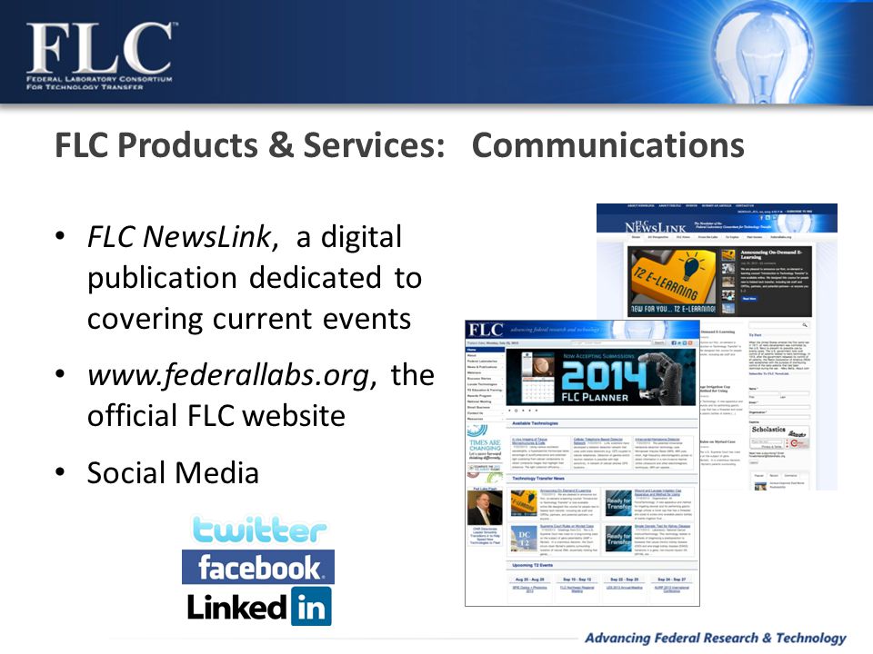 FLC NewsLink, a digital publication dedicated to covering current events   the official FLC website Social Media FLC Products & Services: Communications