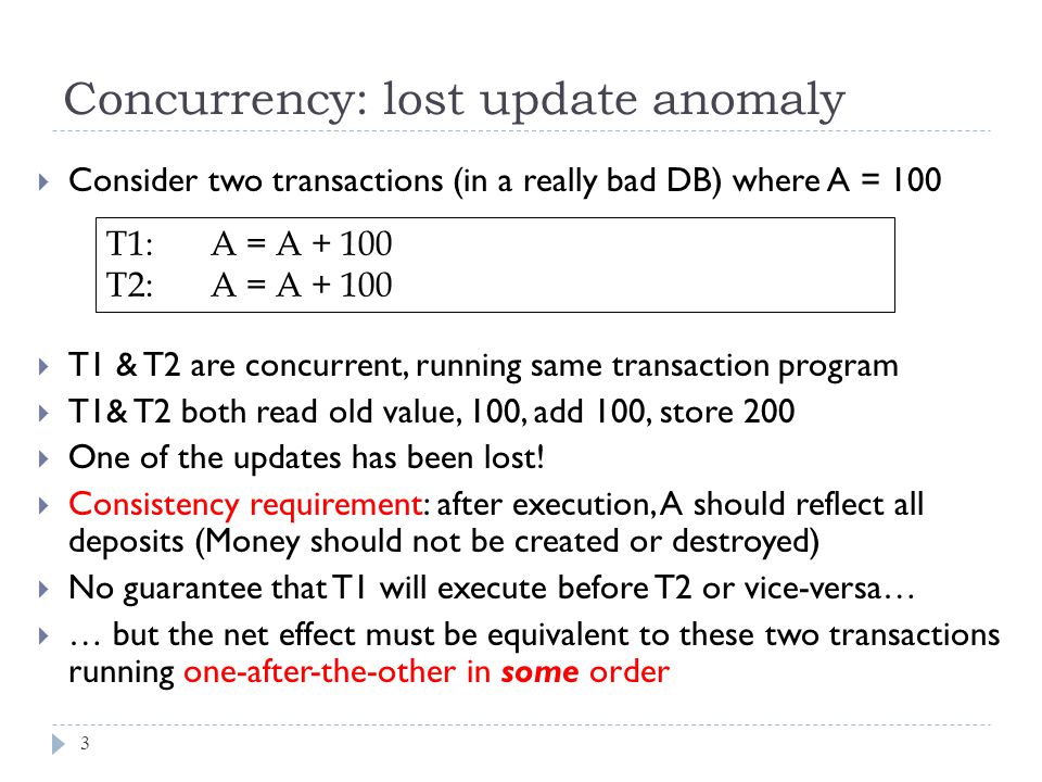  Consider two transactions (in a really bad DB) where A = 100  T1 & T2 are concurrent, running same transaction program  T1& T2 both read old value, 100, add 100, store 200  One of the updates has been lost.