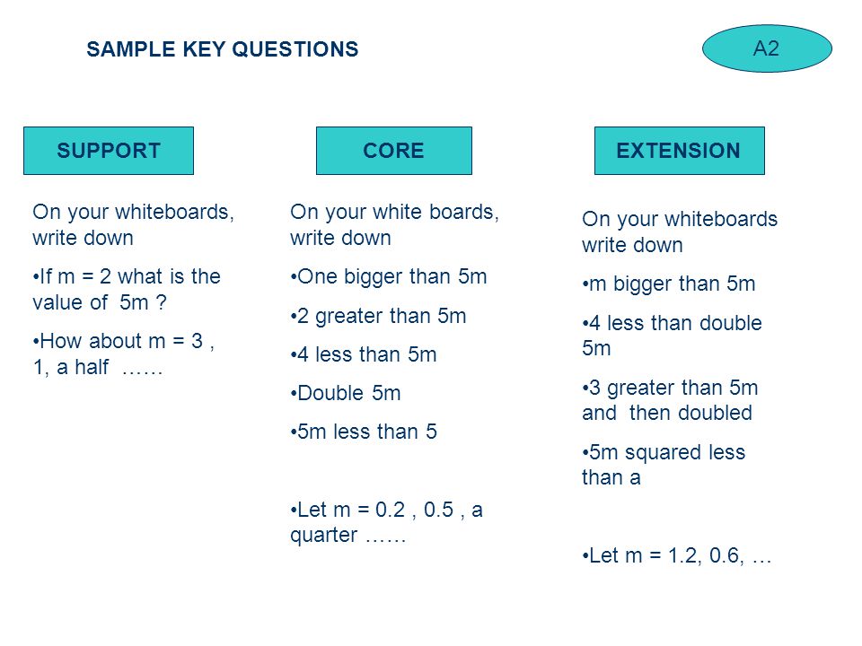 SAMPLE KEY QUESTIONS SUPPORTCOREEXTENSION On your white boards, write down One bigger than 5m 2 greater than 5m 4 less than 5m Double 5m 5m less than 5 Let m = 0.2, 0.5, a quarter …… On your whiteboards write down m bigger than 5m 4 less than double 5m 3 greater than 5m and then doubled 5m squared less than a Let m = 1.2, 0.6, … On your whiteboards, write down If m = 2 what is the value of 5m .