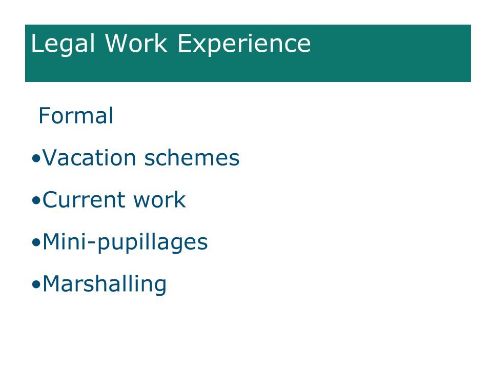 Legal Work Experience Formal Vacation schemes Current work Mini-pupillages Marshalling
