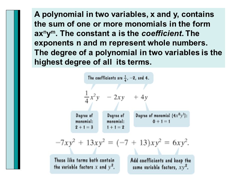A polynomial in two variables, x and y, contains the sum of one or more monomials in the form ax n y m.