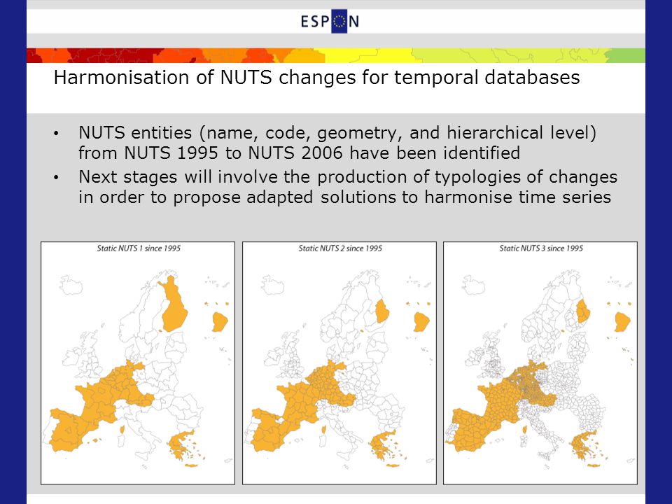 Harmonisation of NUTS changes for temporal databases NUTS entities (name, code, geometry, and hierarchical level) from NUTS 1995 to NUTS 2006 have been identified Next stages will involve the production of typologies of changes in order to propose adapted solutions to harmonise time series