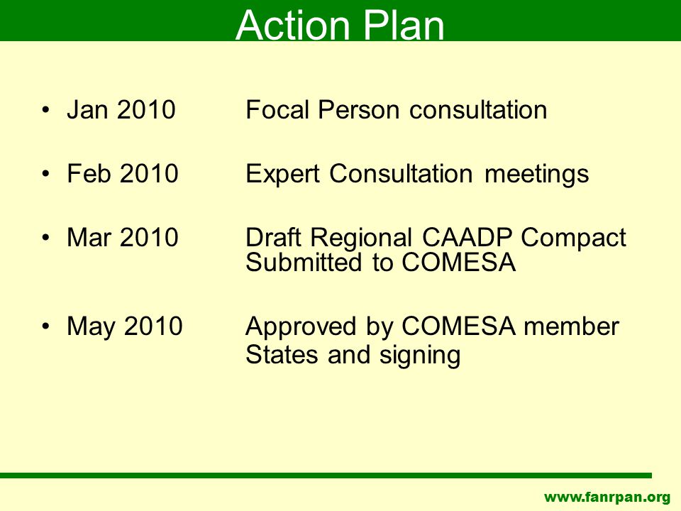 Action Plan Jan 2010 Focal Person consultation Feb 2010Expert Consultation meetings Mar 2010 Draft Regional CAADP Compact Submitted to COMESA May 2010Approved by COMESA member States and signing