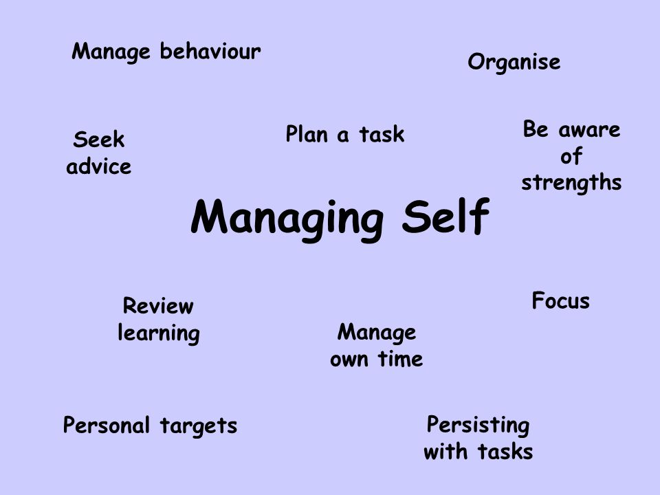 Managing Self Personal targets Persisting with tasks Manage behaviour Organise Plan a task Focus Review learning Manage own time Seek advice Be aware of strengths