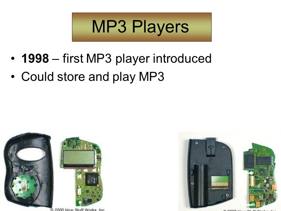 MP3 Players 1998 – first MP3 player introduced Could store and play MP3