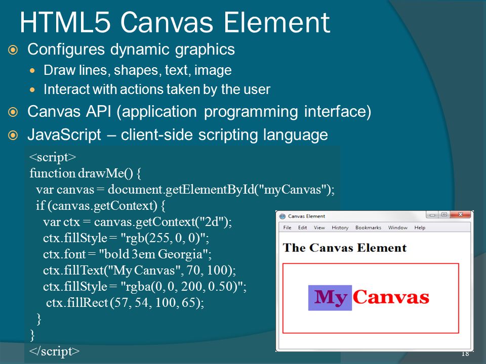 HTML5 Canvas Element  Configures dynamic graphics Draw lines, shapes, text, image Interact with actions taken by the user  Canvas API (application programming interface)  JavaScript – client-side scripting language 18 function drawMe() { var canvas = document.getElementById( myCanvas ); if (canvas.getContext) { var ctx = canvas.getContext( 2d ); ctx.fillStyle = rgb(255, 0, 0) ; ctx.font = bold 3em Georgia ; ctx.fillText( My Canvas , 70, 100); ctx.fillStyle = rgba(0, 0, 200, 0.50) ; ctx.fillRect (57, 54, 100, 65); }