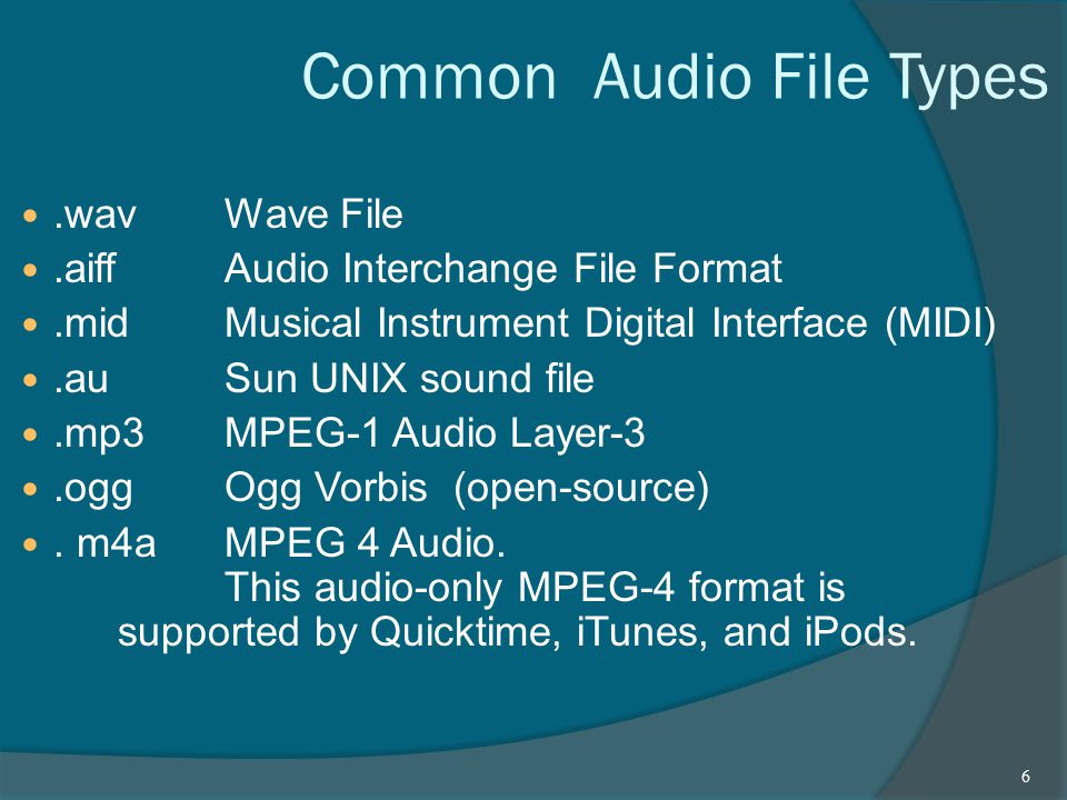 Common Audio File Types.wav Wave File.aiff Audio Interchange File Format.mid Musical Instrument Digital Interface (MIDI).au Sun UNIX sound file.mp3 MPEG-1 Audio Layer-3.oggOgg Vorbis (open-source).