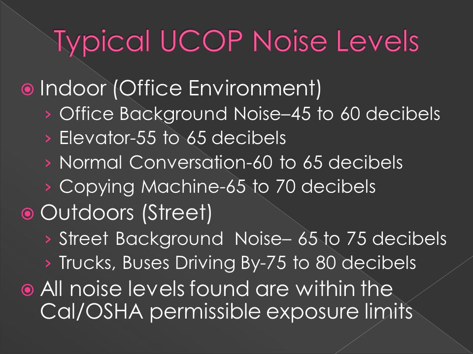  Indoor (Office Environment) › Office Background Noise–45 to 60 decibels › Elevator-55 to 65 decibels › Normal Conversation-60 to 65 decibels › Copying Machine-65 to 70 decibels  Outdoors (Street) › Street Background Noise– 65 to 75 decibels › Trucks, Buses Driving By-75 to 80 decibels  All noise levels found are within the Cal/OSHA permissible exposure limits