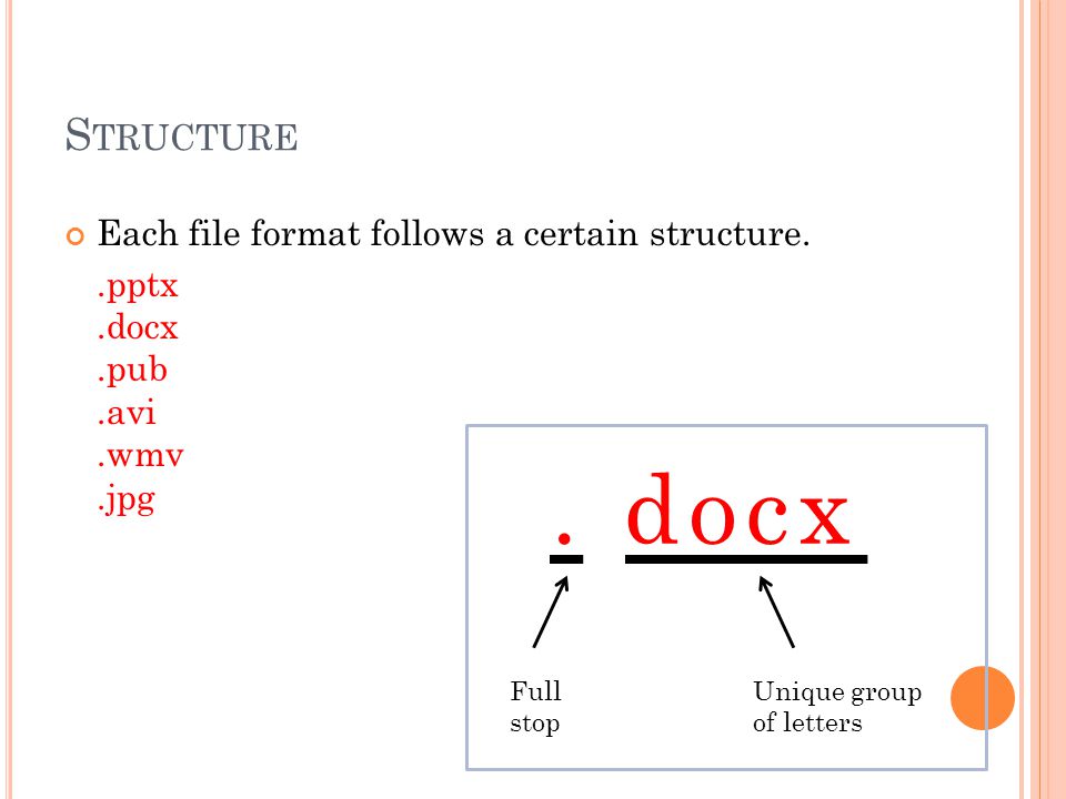 S TRUCTURE Each file format follows a certain structure..pptx.docx.pub.avi.wmv.jpg.