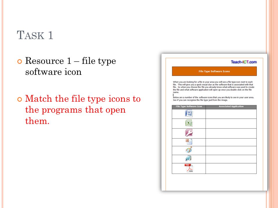 T ASK 1 Resource 1 – file type software icon Match the file type icons to the programs that open them.