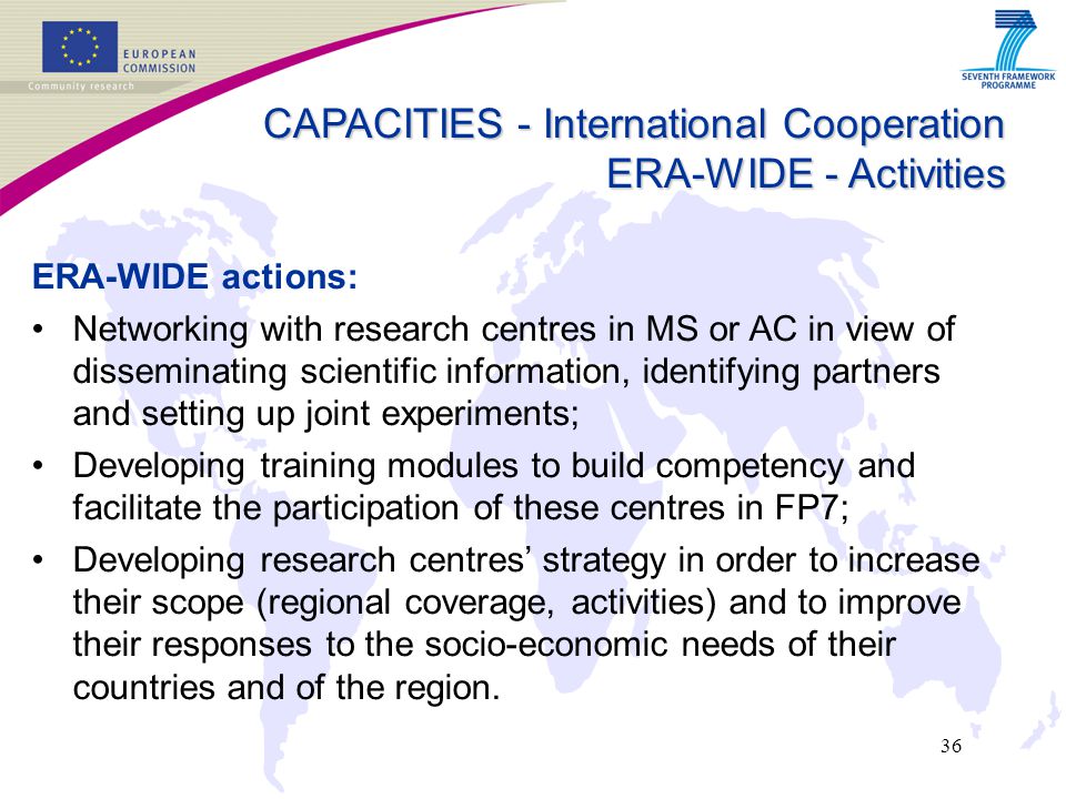 36 ERA-WIDE actions: Networking with research centres in MS or AC in view of disseminating scientific information, identifying partners and setting up joint experiments; Developing training modules to build competency and facilitate the participation of these centres in FP7; Developing research centres’ strategy in order to increase their scope (regional coverage, activities) and to improve their responses to the socio-economic needs of their countries and of the region.