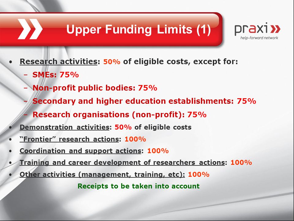 Upper Funding Limits (1) Research activities: 50% of eligible costs, except for: –SMEs: 75% –Non-profit public bodies: 75% –Secondary and higher education establishments: 75% –Research organisations (non-profit): 75% Demonstration activities: 50% of eligible costs Frontier research actions: 100% Coordination and support actions: 100% Training and career development of researchers actions: 100% Other activities (management, training, etc): 100% Receipts to be taken into account