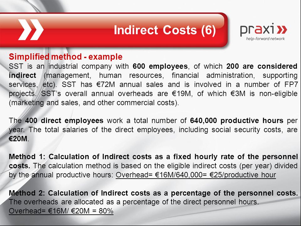 Indirect Costs (6) Simplified method - example SST is an industrial company with 600 employees, of which 200 are considered indirect (management, human resources, financial administration, supporting services, etc).