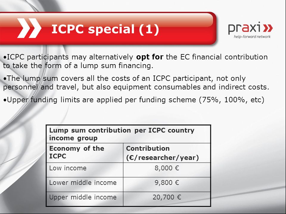 ICPC special (1) ICPC participants may alternatively opt for the EC financial contribution to take the form of a lump sum financing.