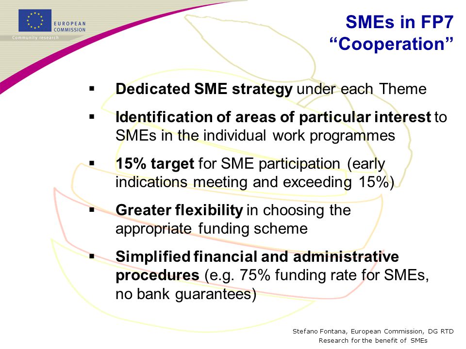 Stefano Fontana, European Commission, DG RTD Research for the benefit of SMEs  Dedicated SME strategy under each Theme  Identification of areas of particular interest to SMEs in the individual work programmes  15% target for SME participation (early indications meeting and exceeding 15%)  Greater flexibility in choosing the appropriate funding scheme  Simplified financial and administrative procedures (e.g.