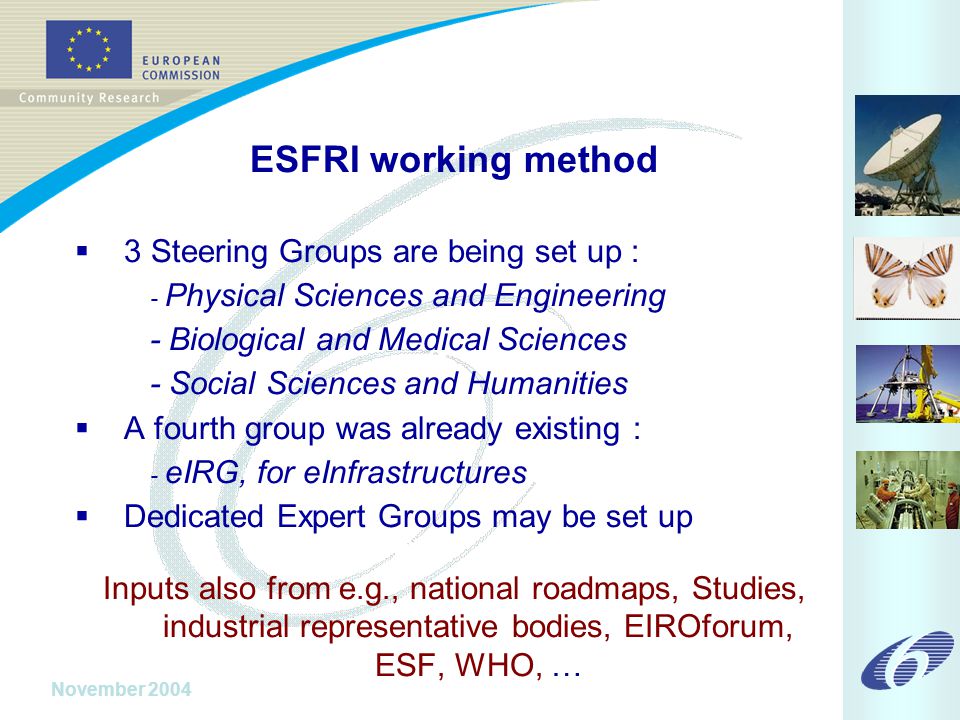 November 2004 ESFRI working method  3 Steering Groups are being set up : - Physical Sciences and Engineering - Biological and Medical Sciences - Social Sciences and Humanities  A fourth group was already existing : - eIRG, for eInfrastructures  Dedicated Expert Groups may be set up Inputs also from e.g., national roadmaps, Studies, industrial representative bodies, EIROforum, ESF, WHO, …